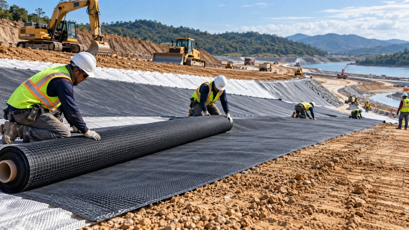 Illustration of geotextile, geogrid and geomembrane layers in a road and pond