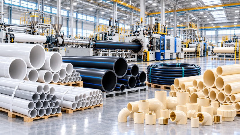 Stacked blue PVC pipes in a warehouse
